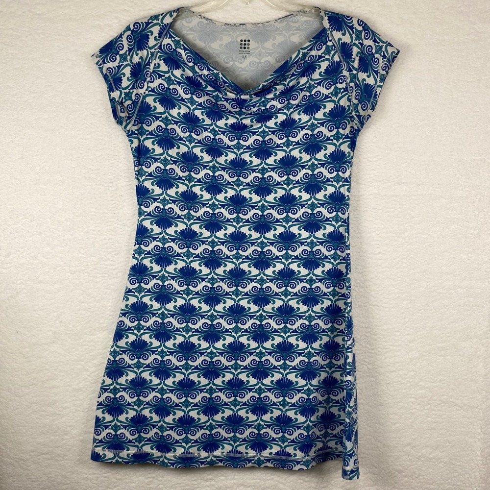Title Nine Blue Teal Damask Print‎ Cowl Neck Athletic Dress Medium Pocket